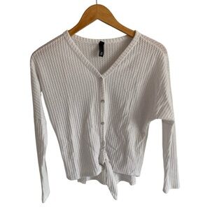 Alya Waffle Knit Long-sleeve Soft White Knot Tie Front Top